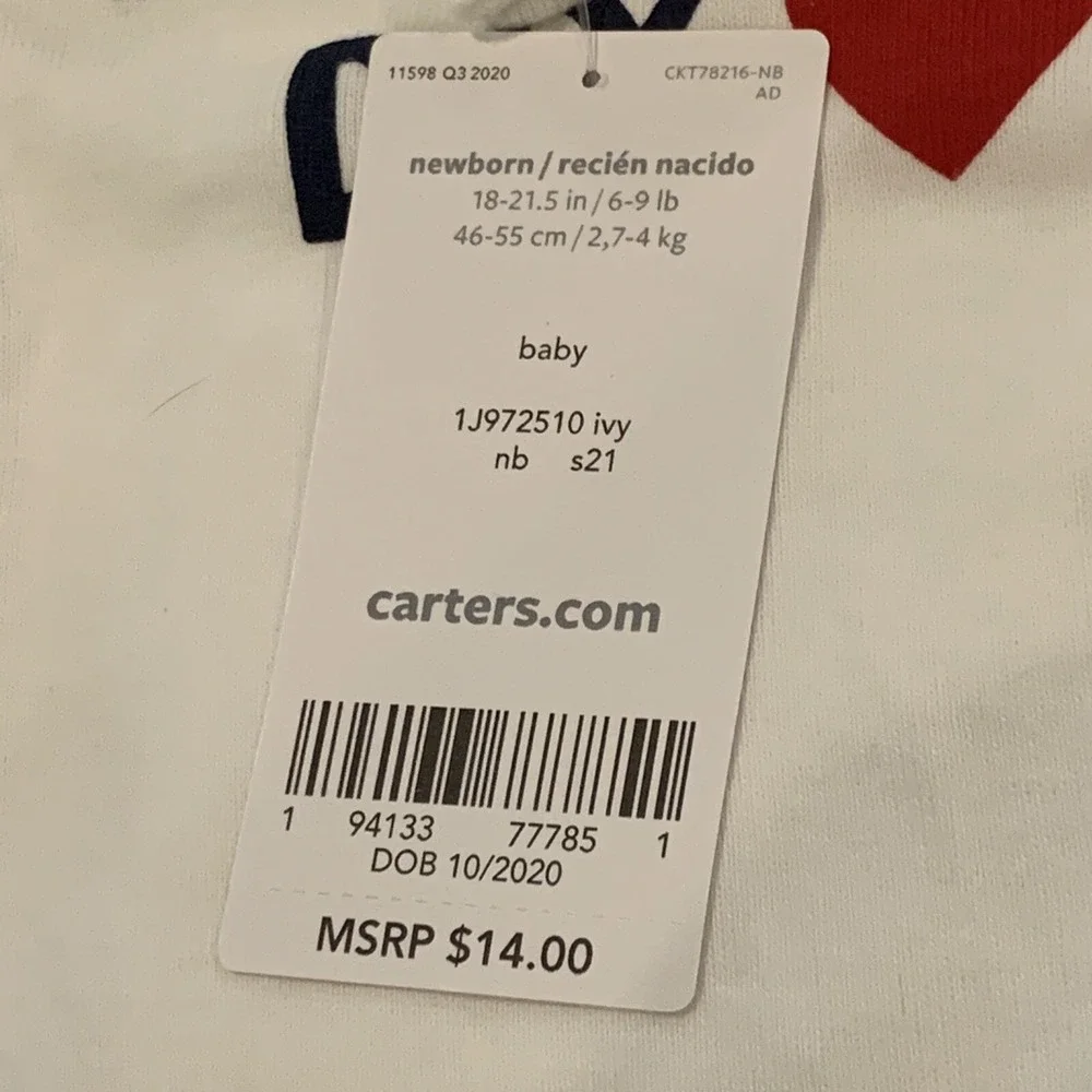 Carters My First Valentines Day One Piece Newborn White New with Tags Red Heart